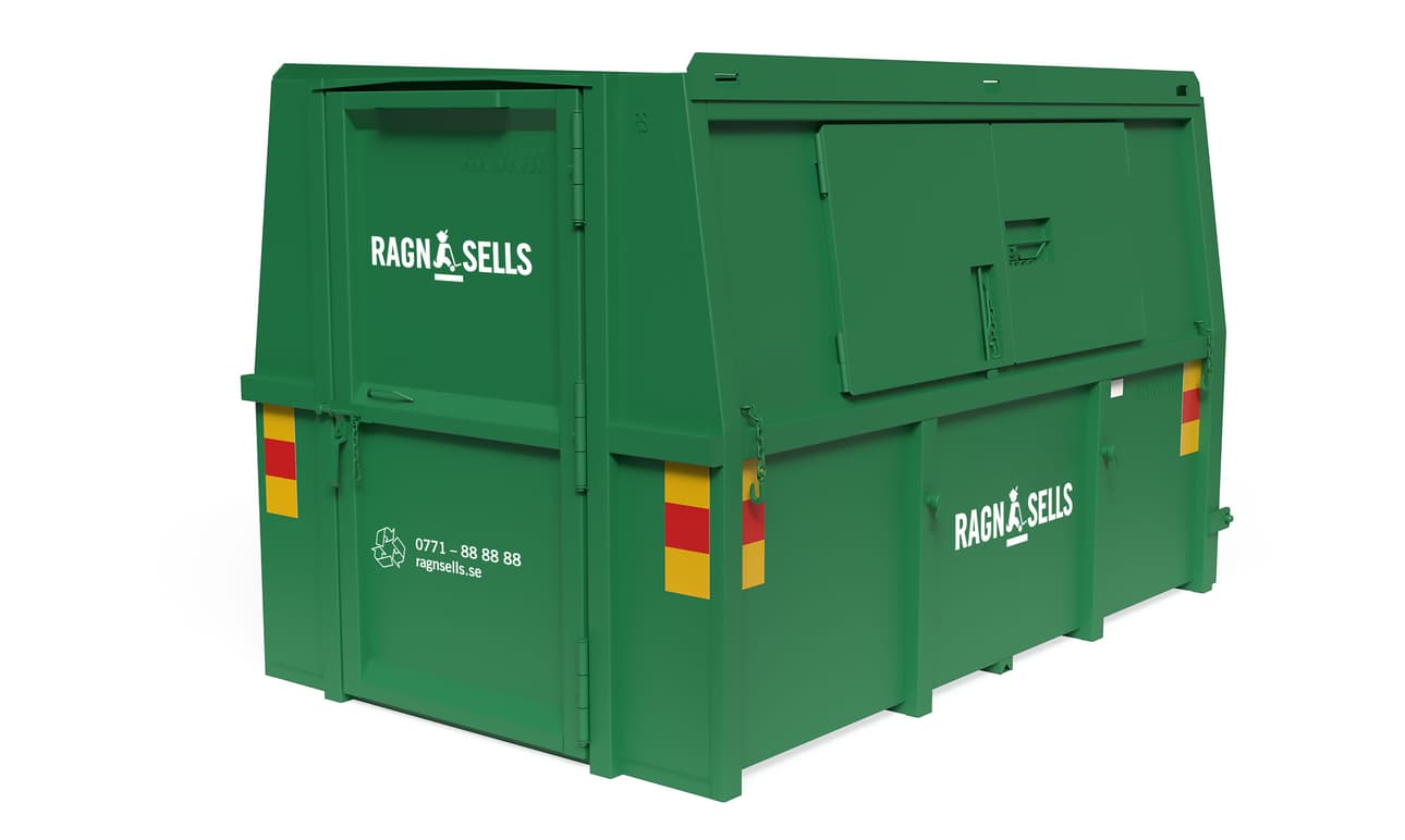 En grön Ragn-Sells container med låsbar lucka för 6 kubikmeter avfall
