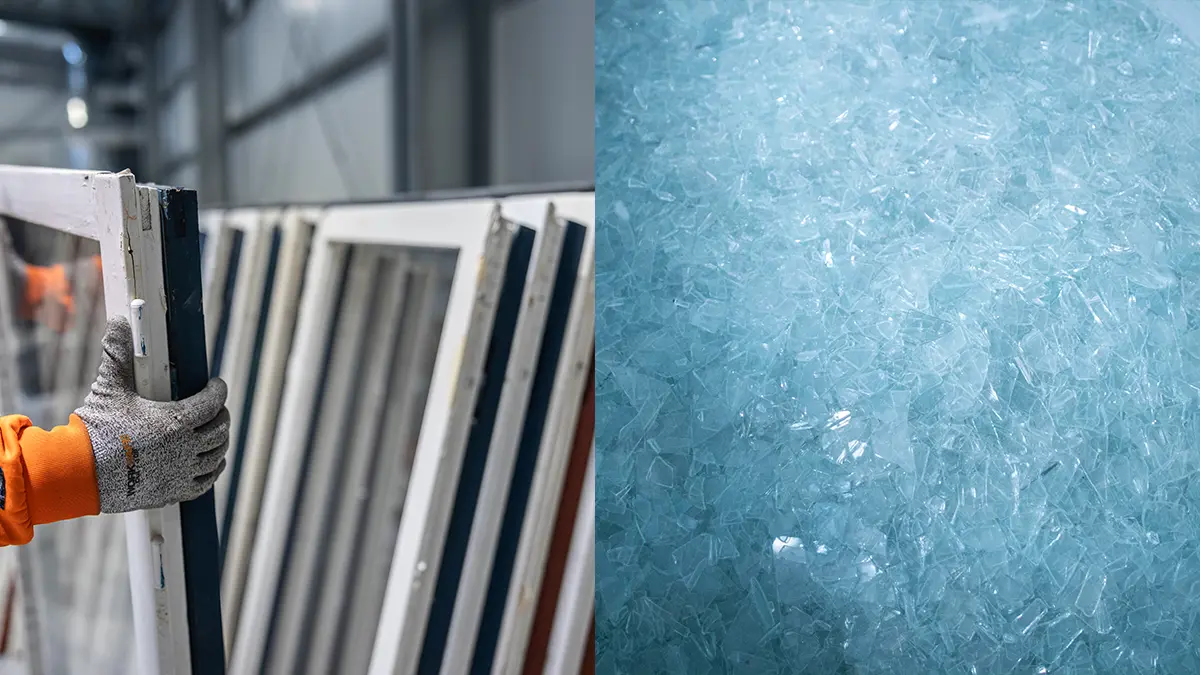 halva bilden föreställer fönster som slängts och andra halvan det återvunna glaset som råvara