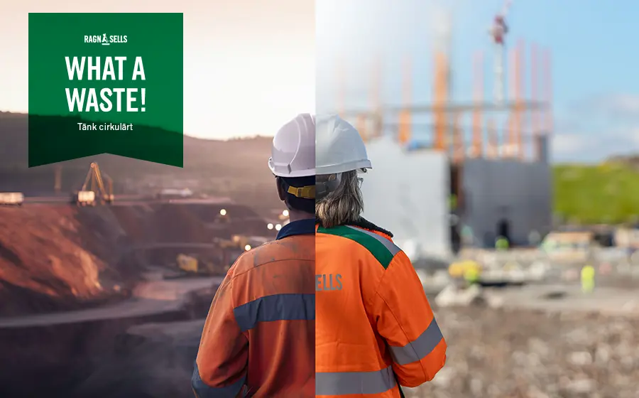 En ny syn på avfall En man framför ett bygge. Halv sidan av honom är smutsig och halva är rent. Texten What a waste! står på bilden